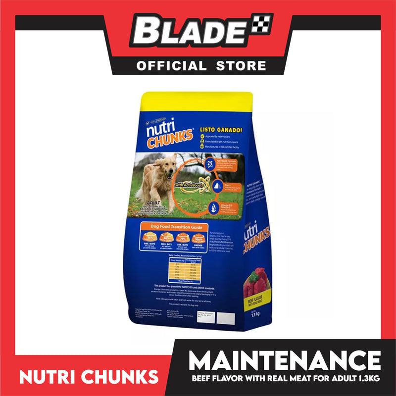 Nutri Chunks Maintenance Premium Dog Food, Adult For All Breeds 1.3kg (Beef Flavor With Real Meat) 100% Complete And Balanced Nutrition, Dog Food