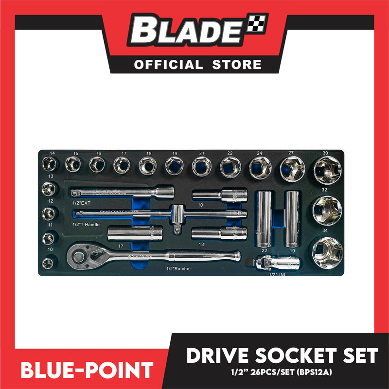 Blue-Point 1/2' ' Drive Socket Set (BPS12A) Set Of 26pcs, Chrome Socket, Ratchet Handle Industrial Tools