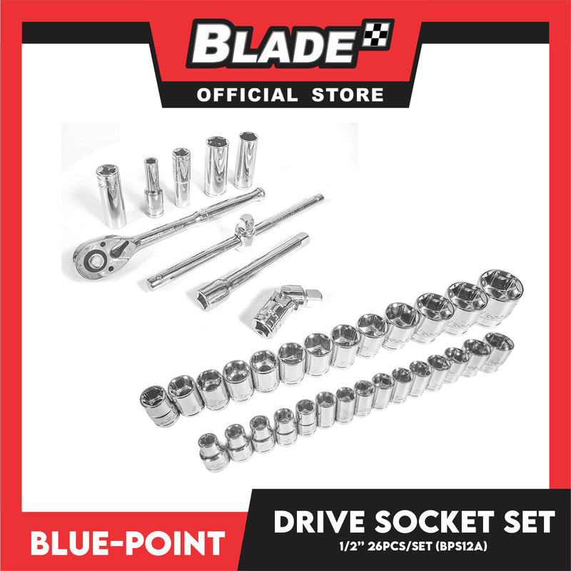 Blue-Point 1/2' ' Drive Socket Set (BPS12A) Set Of 26pcs, Chrome Socket, Ratchet Handle Industrial Tools