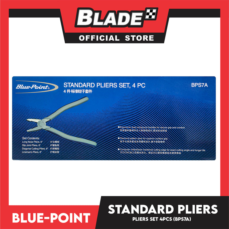 Blue-Point Standard Pliers Set (BPS7A) Set Of 4pcs, Slip Joint Pliers, Linemans Pliers, Long Nose Pliers, Diagonal Cutting Pliers, Industrial Tools