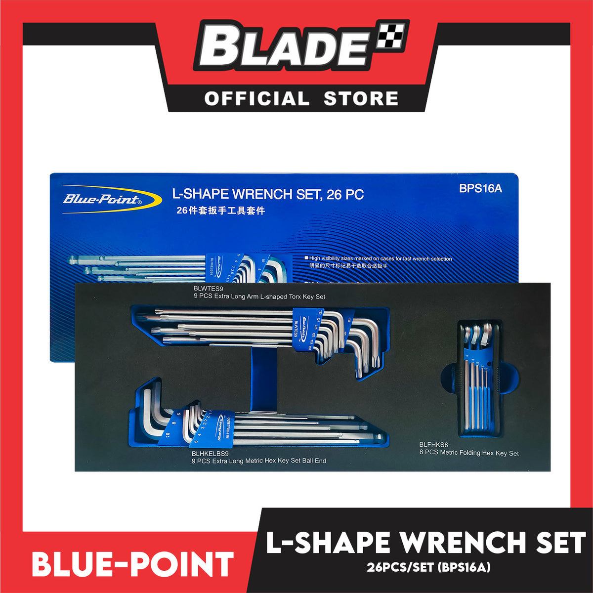 Blue-Point L-Shape Set (BPS16A) Set Of 26pcs, Metric Folding Hex Key Set 8pcs, Extra Long Arm L-Shaped Torx Key Set 9pcs, Extra Long Metric Ball End Hex Key Set 9pcs,  Industrial Tools