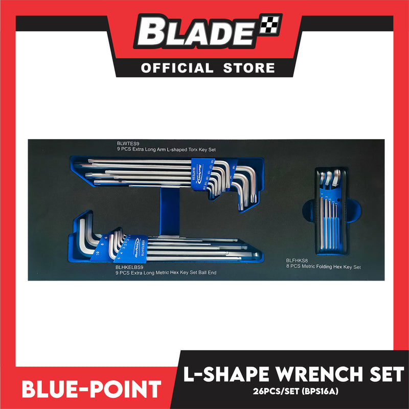 Blue-Point L-Shape Set (BPS16A) Set Of 26pcs, Metric Folding Hex Key Set 8pcs, Extra Long Arm L-Shaped Torx Key Set 9pcs, Extra Long Metric Ball End Hex Key Set 9pcs,  Industrial Tools