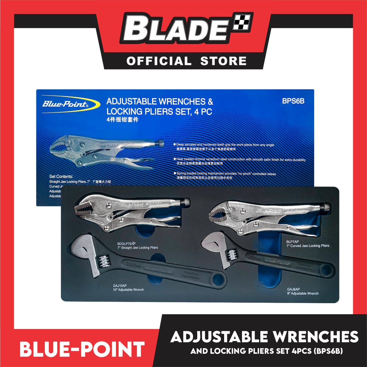 Blue-Point Adjustable Wrenches And Locking Pliers Set, Set Of 4pcs Industrial Tools