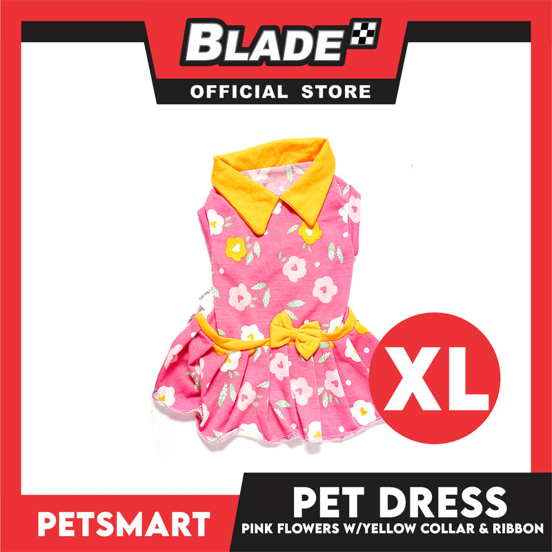 Pet Dress Pink Flowers With Yellow Collar And Ribbon Dress DG-CTN120XL (Extra Large) Perfect Fit For Dogs And Cats, Pet Dress Clothes, Soft and Comfortable Pet Clothing