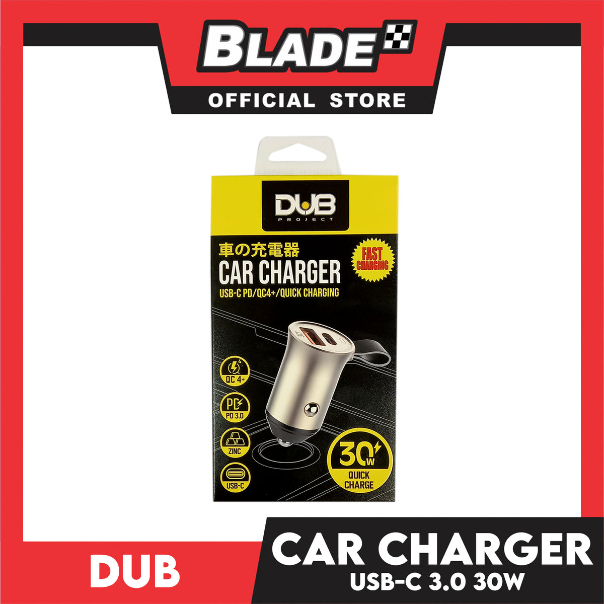 Dub Fast Car Charger DTC109 QC 4+ PD 3.0 Zinc USB-C 30W Quick Charger, Car Charger
