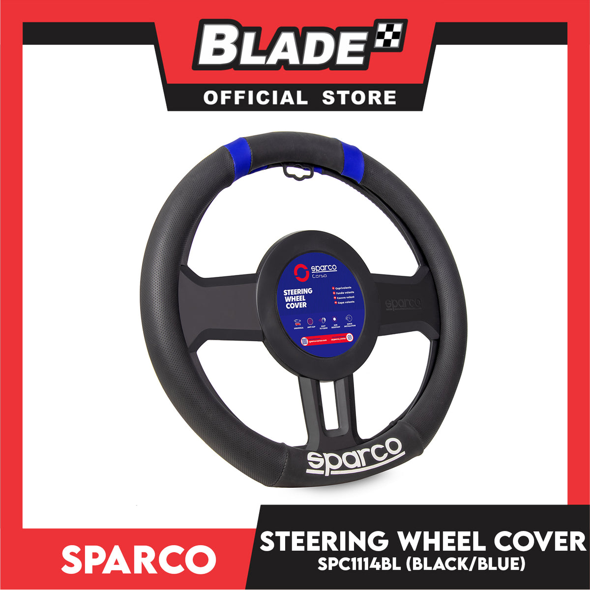 Sparco Steering Wheel Cover SPC1114BL (Black/Blue) for Toyota, Mitsubishi, Honda, Hyundai, Ford, Nissan, Suzuki, Isuzu, Kia, MG and more