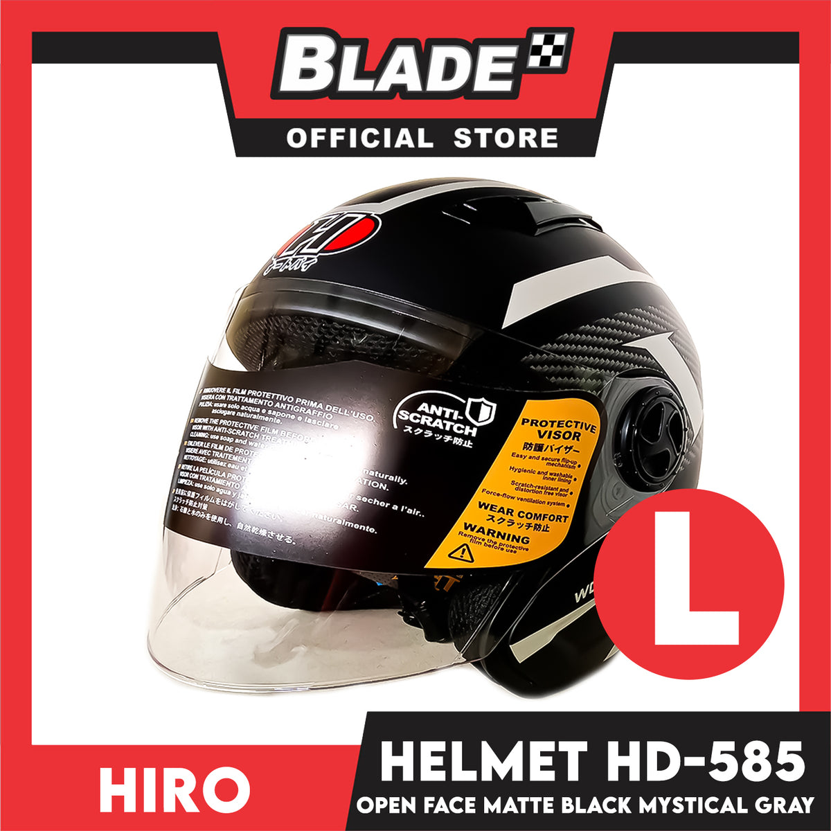 HIRO Helmet OF (Large) HD-585 Matte Black Mystical Gray Color (Open Face, Half Face)