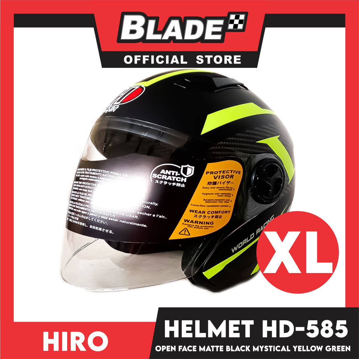 HIRO Helmet OF (XL) HD-585 Matte Black Mystical Yellow Green Color (Open Face, Half Face)