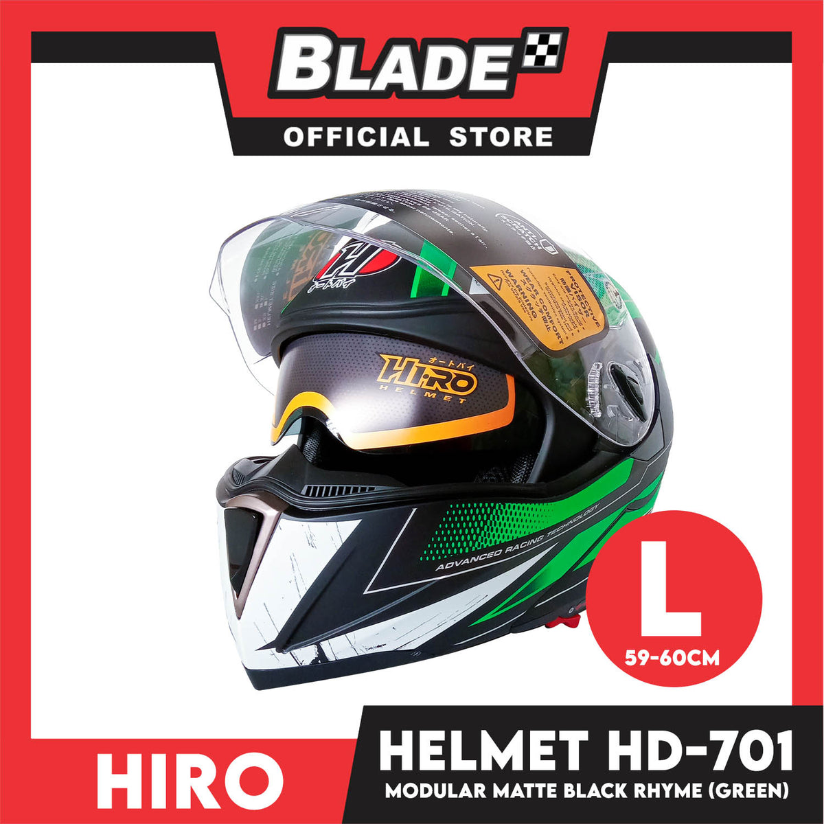HIRO Helmet FU (Large) HD-701 Matte Black Rhyme Yellow Green Color (Modular)
