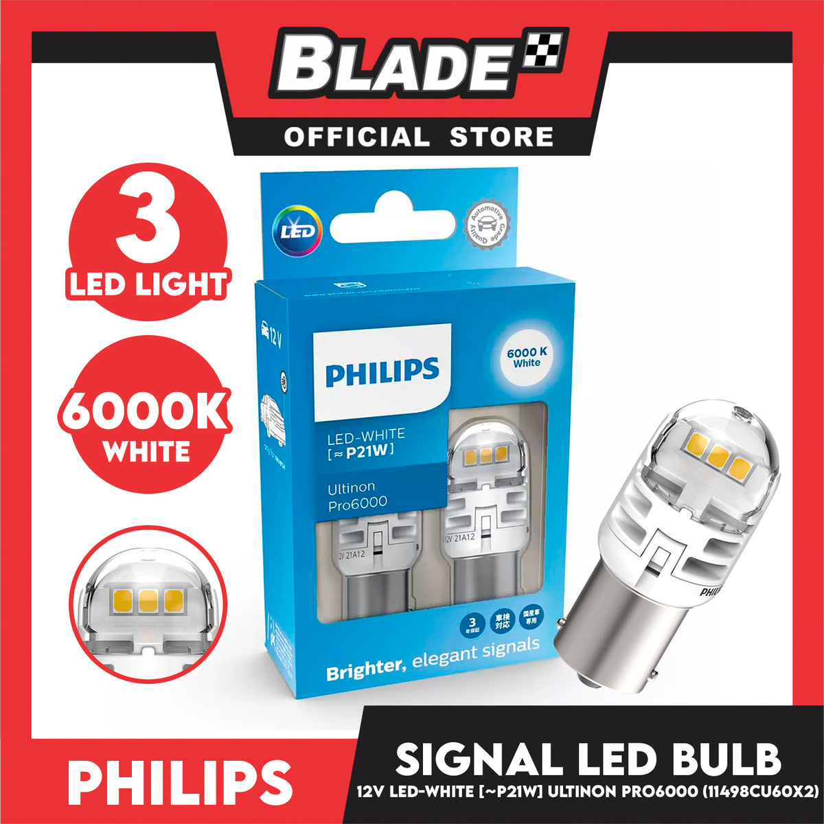 Philips Ultinon Pro6000 SI Car Signaling Bulb 11498CU60X2 Led-White P21W