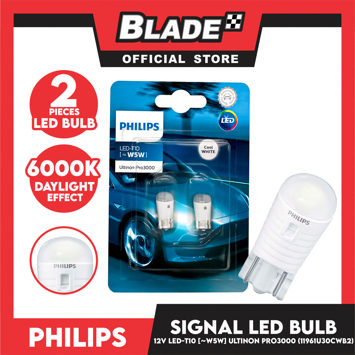 Philips Ultinon Pro3000 SI Car Signaling Bulb 11961U30CWB2 (Cool White) Led-T10 W5W