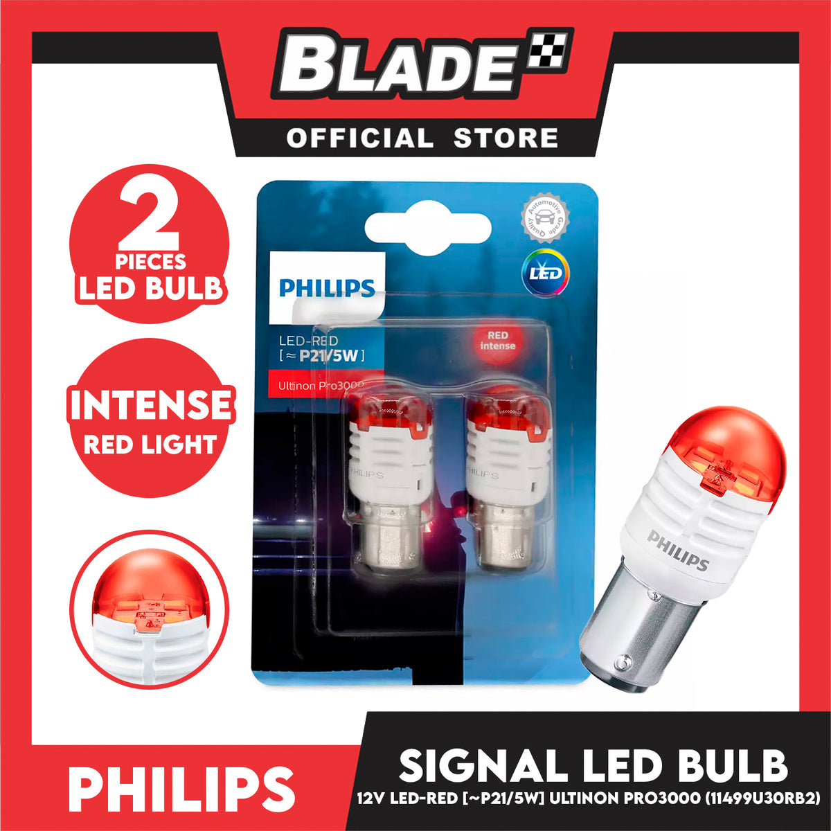Philips Ultinon Pro3000 SI Car Signaling Bulb 11499U30RB2 (Red Intense) Led-Red P21/5W