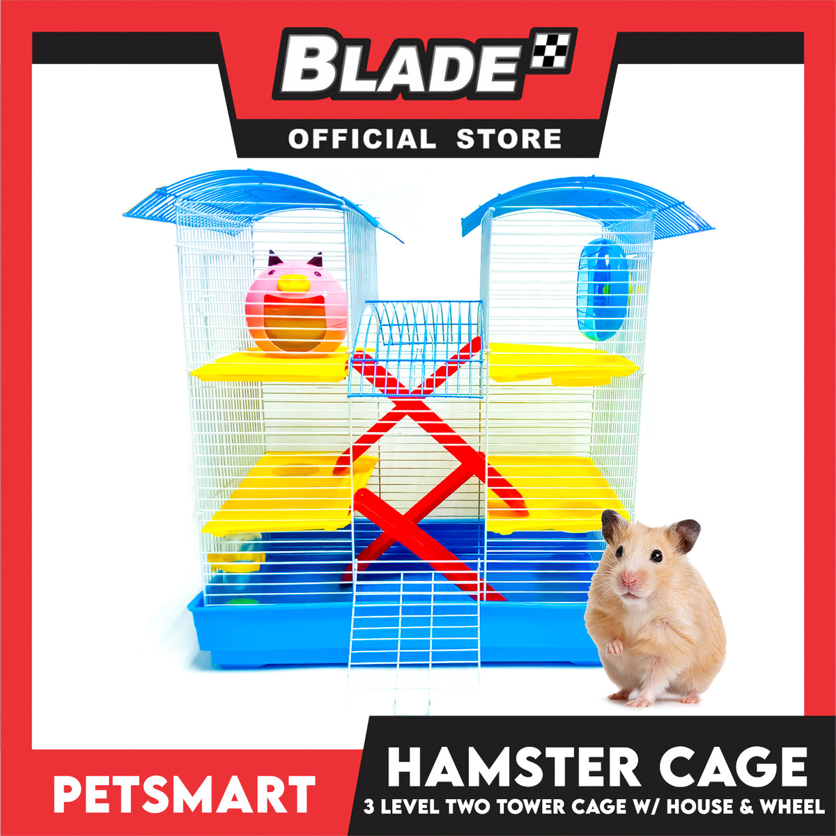 Hamster Cage (M025) 3 Level Two Tower Cage with House and Wheel 45cm x 28cm x 50cm