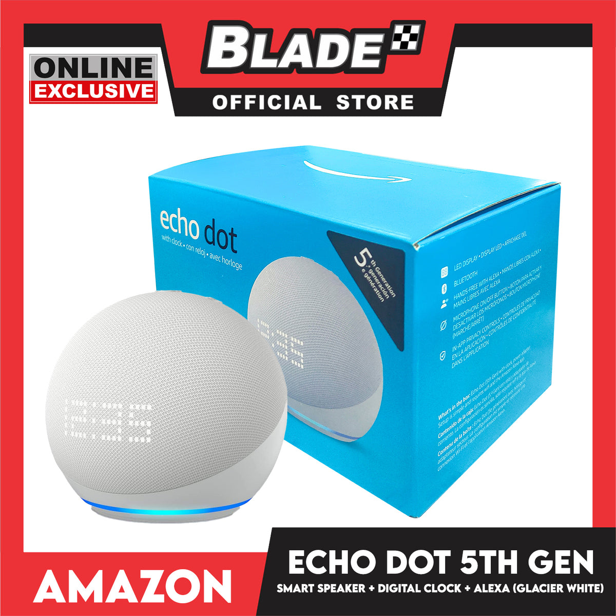 Amazon Echo Dot 5th Gen Smart Speaker with Digital Clock and Alexa (Glacier White)