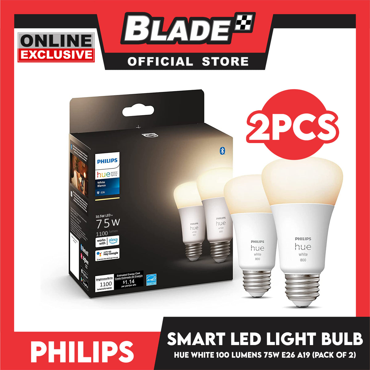 2pcs Philips Smart Led Light Bulb HUE (White) 100 Lumens 75W E26 A19