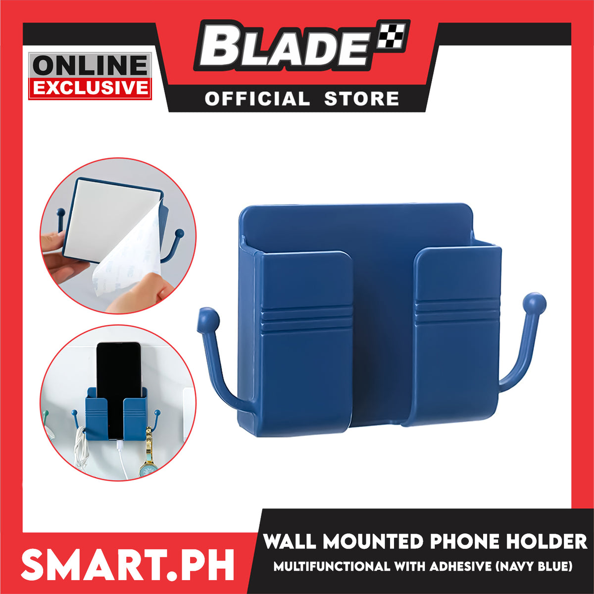 Wall Mounted Phone Holder Organizer with Adhesive (Navy Blue) Multifunctional Holder, Remote Control, Mobile Phone, Charging Storage Holder