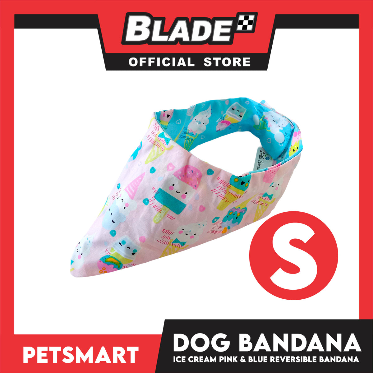 Dog Bandana, Ice Cream Design, Pink and Blue Reversible Bandana DB-CTN40S (Small) Soft and Comfortable Pet Bandana