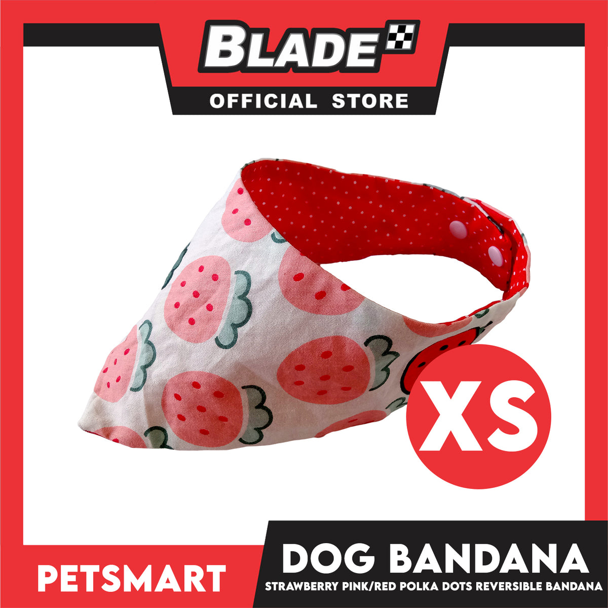 Dog Bandana, Strawberry Design, Pink with Red Polka Dots Reversible Bandana DB-CTN41XS (XS) Soft and Comfortable Pet Bandana