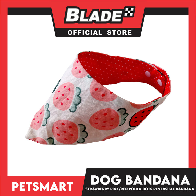 Dog Bandana, Strawberry Design, Pink with Red Polka Dots Reversible Bandana DB-CTN41S (Small) Soft and Comfortable Pet Bandana
