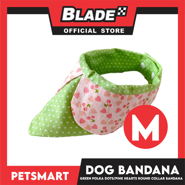 Dog Collar Bandana, Green Polka Dots with Pink Heart Round Collar Bandana DB-CTN42M (Medium) Soft and Comfortable Pet Bandana