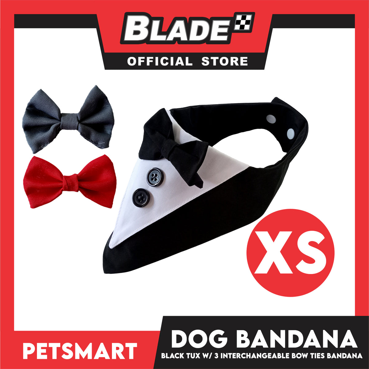 Dog Bandana, Black Tuxedo with 3 Interchangeable Bow Ties DB-CTN45XS (XS) Soft and Comfortable Pet Bandana