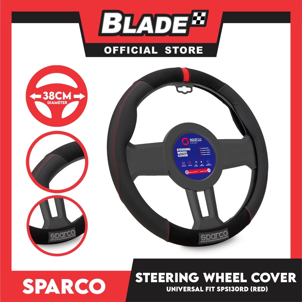Sparco Corsa Steering Wheel Cover SPS130RD (Red) Universal Fit for Toyota, Mitsubishi, Honda, Hyundai, Ford, Nissan, Suzuki, Isuzu, Kia, MG and more