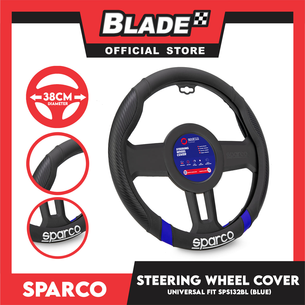 Sparco Corsa Steering Wheel Cover SPS132BL (Blue) Universal Fit for Toyota, Mitsubishi, Honda, Hyundai, Ford, Nissan, Suzuki, Isuzu, Kia, MG and more