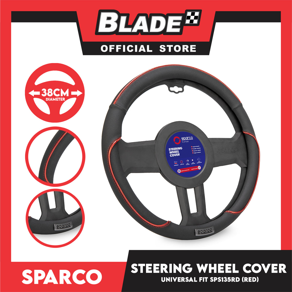 Sparco Corsa Steering Wheel Cover SPS135RD (Red) Universal Fit for Toyota, Mitsubishi, Honda, Hyundai, Ford, Nissan, Suzuki, Isuzu, Kia, MG and more