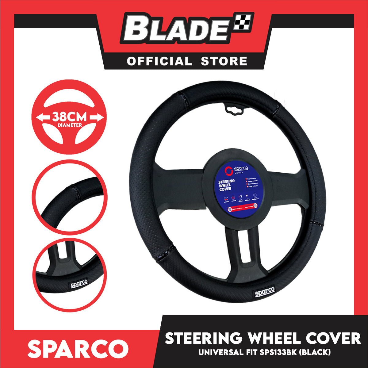 Sparco Corsa Steering Wheel Cover SPS133BK (Black) Universal Fit for Toyota, Mitsubishi, Honda, Hyundai, Ford, Nissan, Suzuki, Isuzu, Kia, MG and more
