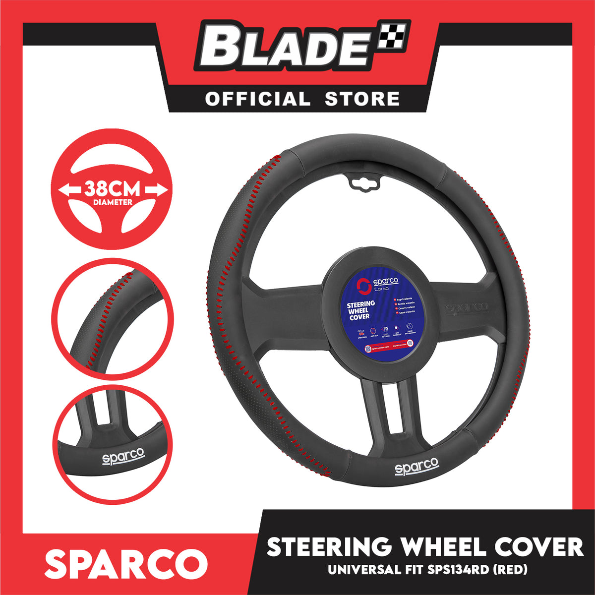 Sparco Corsa Steering Wheel Cover SPS134RD (Red) Universal Fit for Toyota, Mitsubishi, Honda, Hyundai, Ford, Nissan, Suzuki, Isuzu, Kia, MG and more