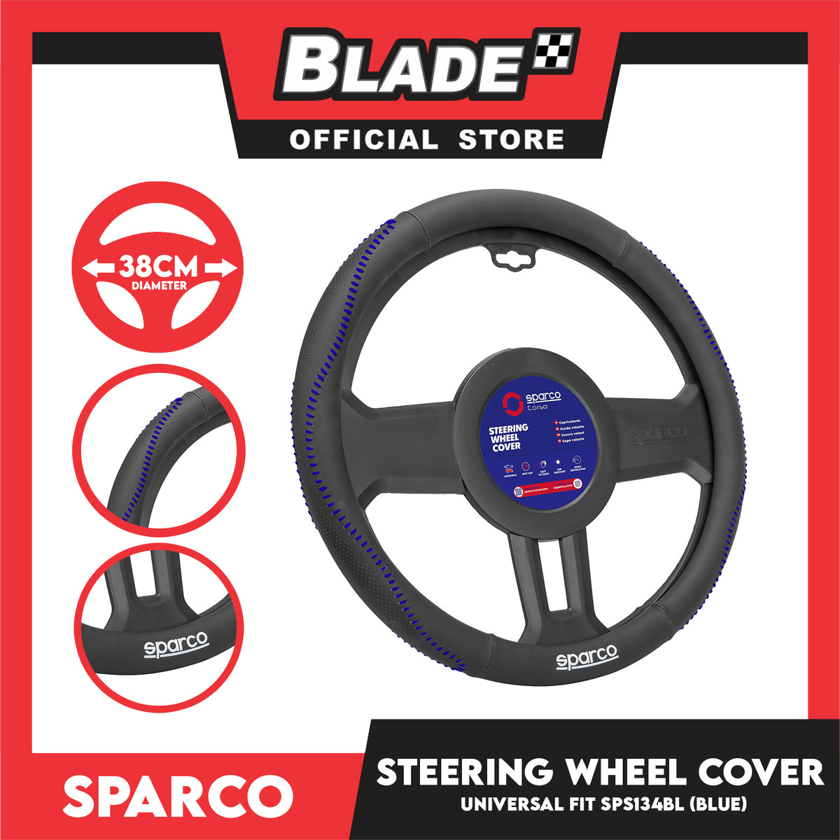 Sparco Corsa Steering Wheel Cover SPS134BL (Blue) Universal Fit for Toyota, Mitsubishi, Honda, Hyundai, Ford, Nissan, Suzuki, Isuzu, Kia, MG and more