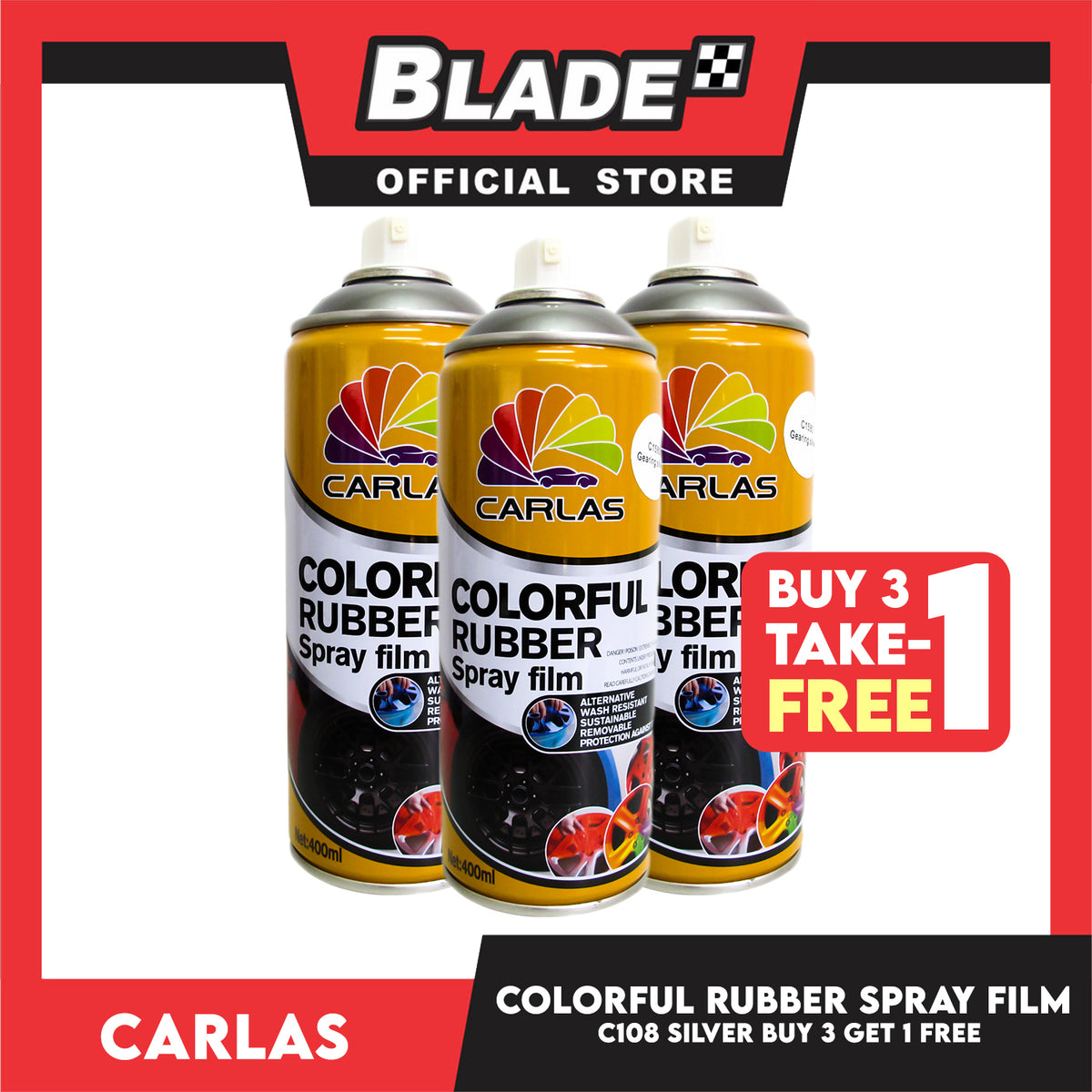 Buy 3 Take 1 Free! Carlas Colorful Rubber Spray Paint Film 36, C108 (Silver) 400ml