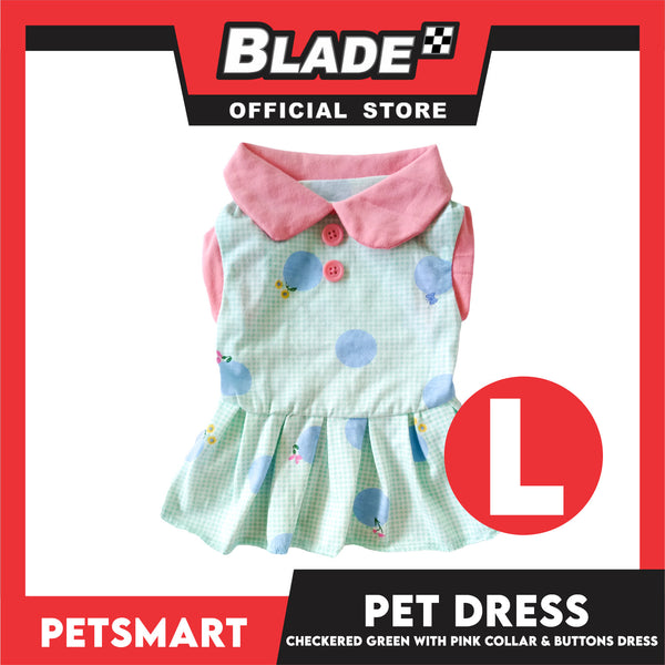 Pet Dress Checkered Design, Green with Pink Collar and Button Dress (Large) Perfect Fit for Dogs and Cats