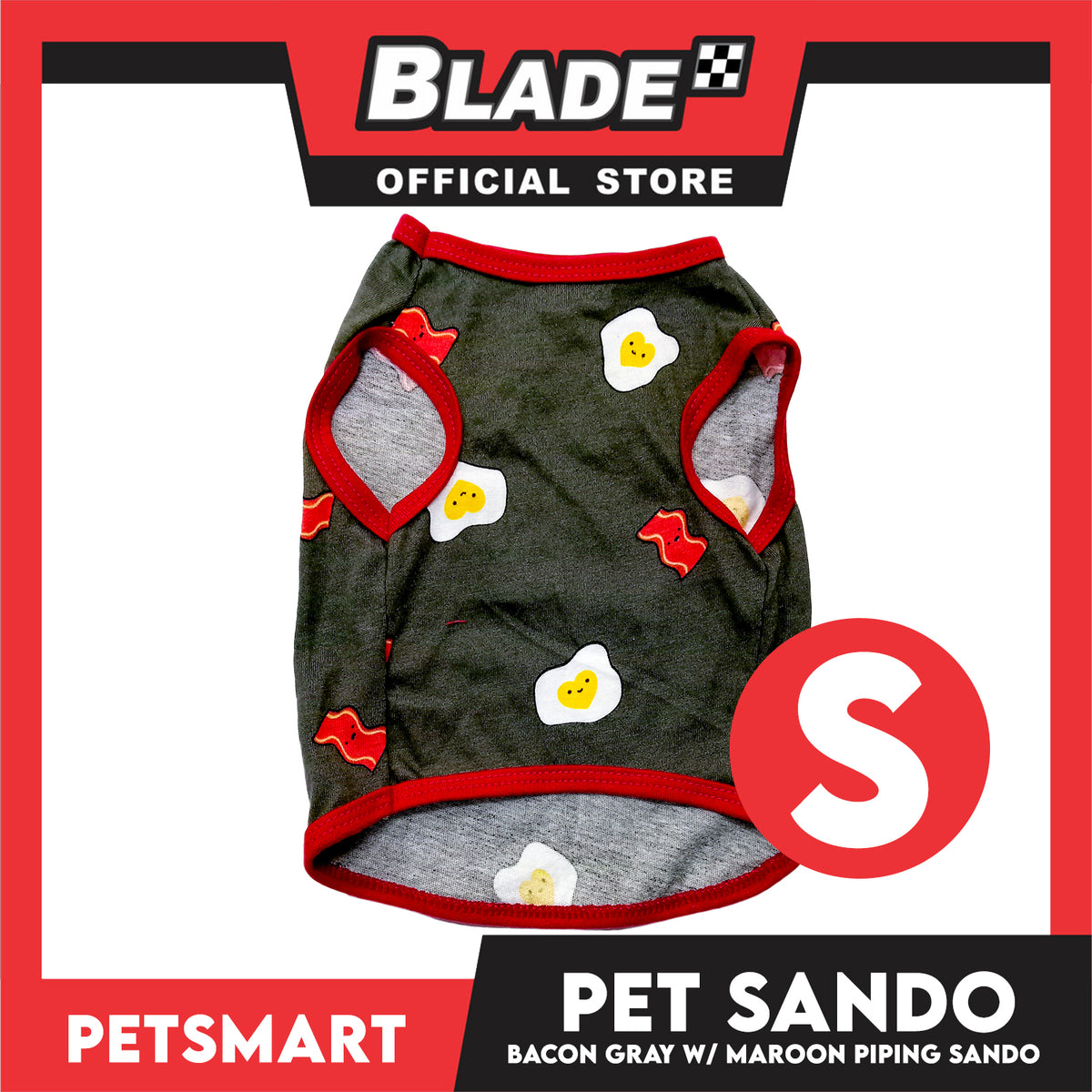 Pet Sando Bacon and Egg Designs, Gray with Maroon Color Piping Sando (Small) Perfect Fit for Dogs and Cats