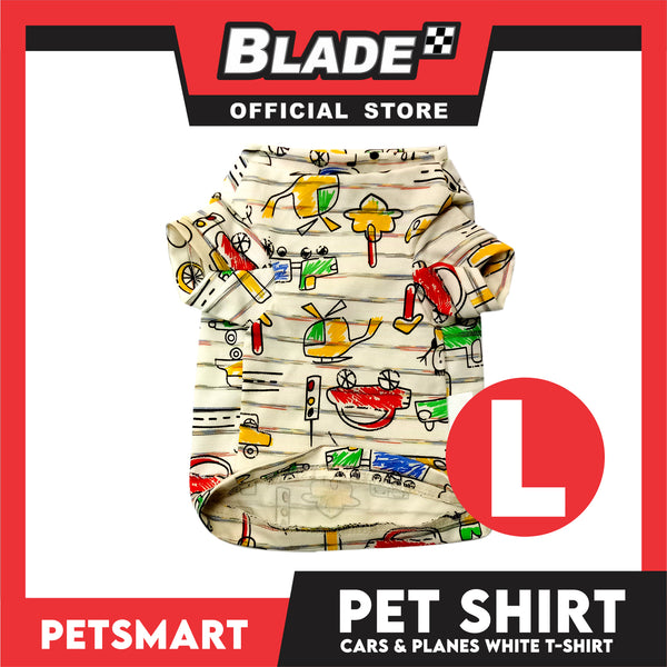 Pet T-Shirt, Cars and Planes Design, White Color (Large) Perfect Fit for Dogs and Cats