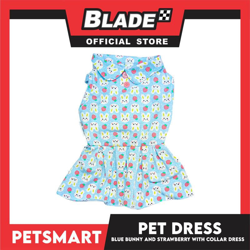 Pet Dress Blue Color, Bunny and Strawberry with Collar Design Dress (Medium) Perfect Fit for Dogs and Cats
