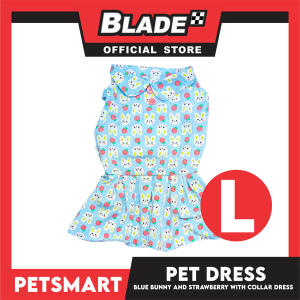 Pet Dress Blue Color, Bunny and Strawberry with Collar Design Dress (Large) Perfect Fit for Dogs and Cats