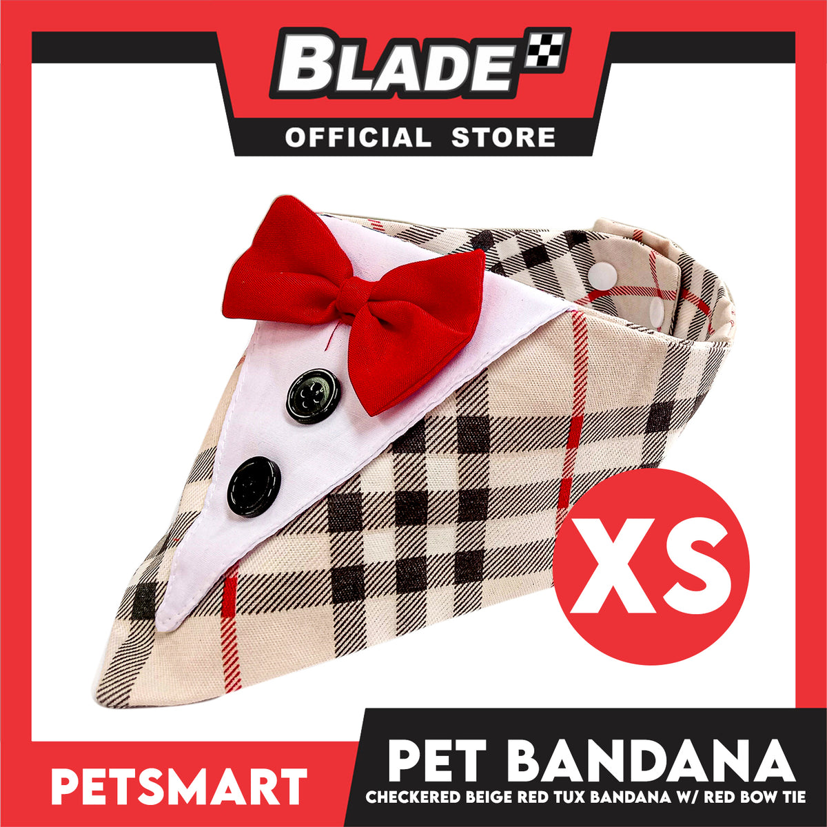 Pet Bandana Checkered Beige Red Tuxedo Bandana with Red Bow Tie Design (XS) Perfect Fit for Dogs and Cats