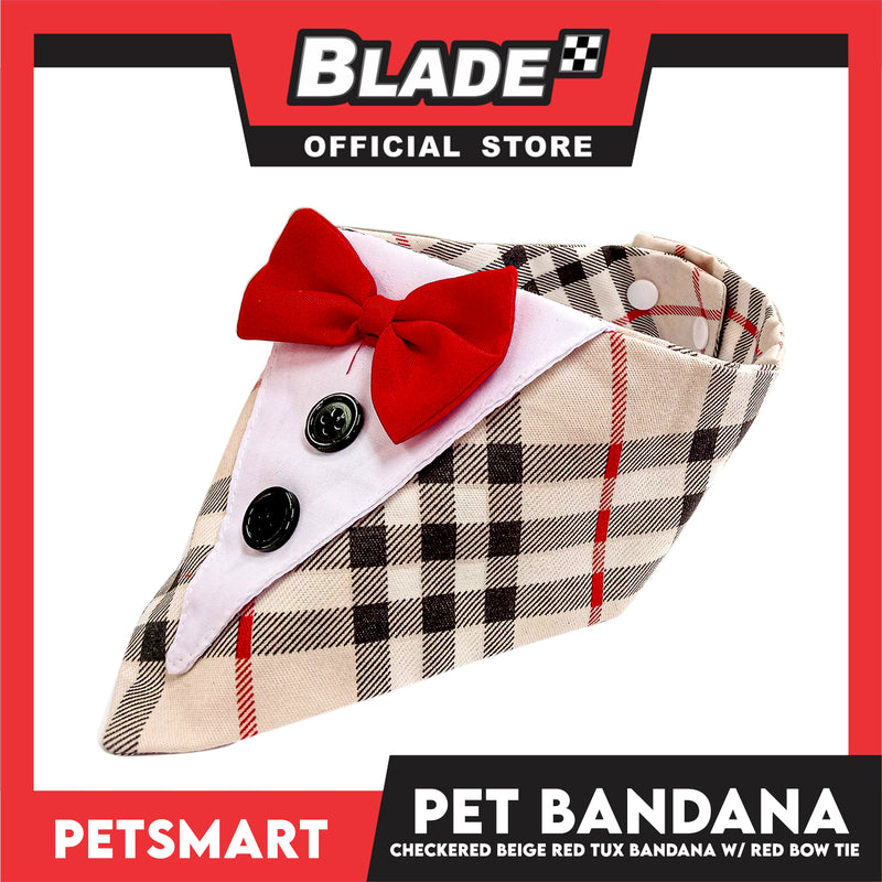 Pet Bandana Checkered Beige Red Tuxedo Bandana with Red Bow Tie Design (XS) Perfect Fit for Dogs and Cats