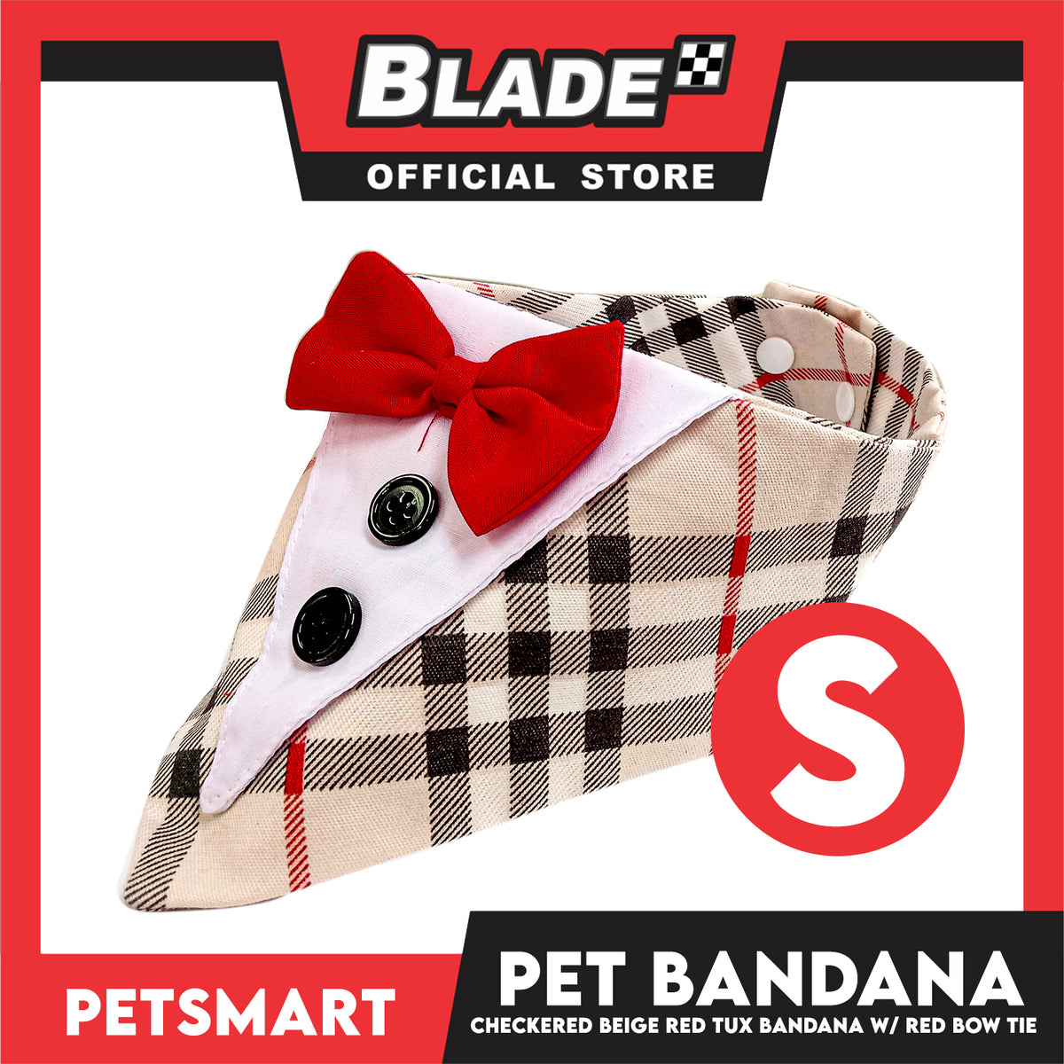 Pet Bandana Checkered Beige Red Tuxedo Bandana with Red Bow Tie Design (Small) Perfect Fit for Dogs and Cats