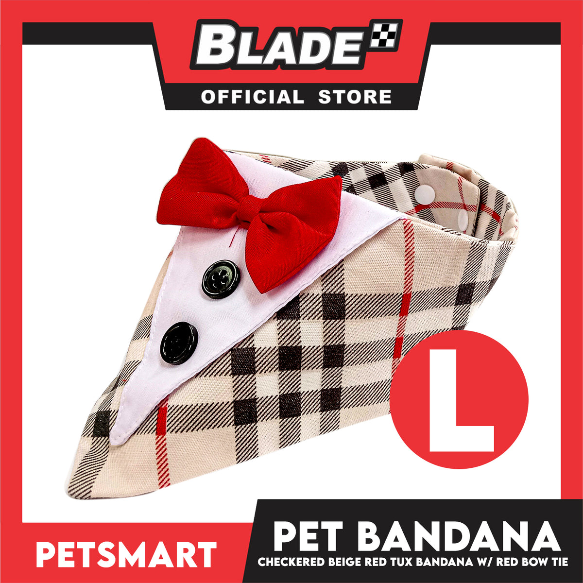 Pet Bandana Checkered Beige Red Tuxedo Bandana with Red Bow Tie Design (Large) Perfect Fit for Dogs and Cats
