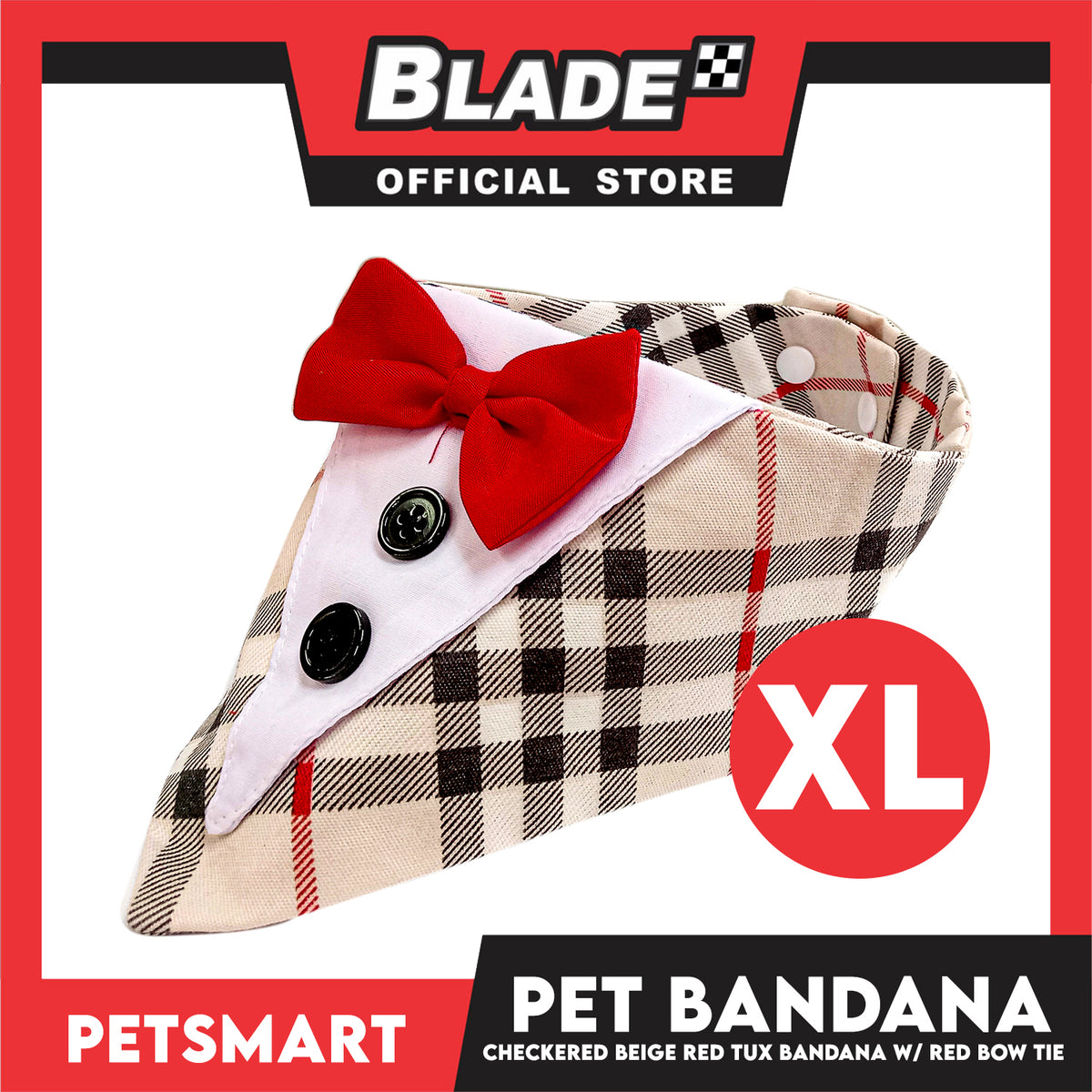 Pet Bandana Checkered Beige Red Tuxedo Bandana with Red Bow Tie Design (XL) Perfect Fit for Dogs and Cats