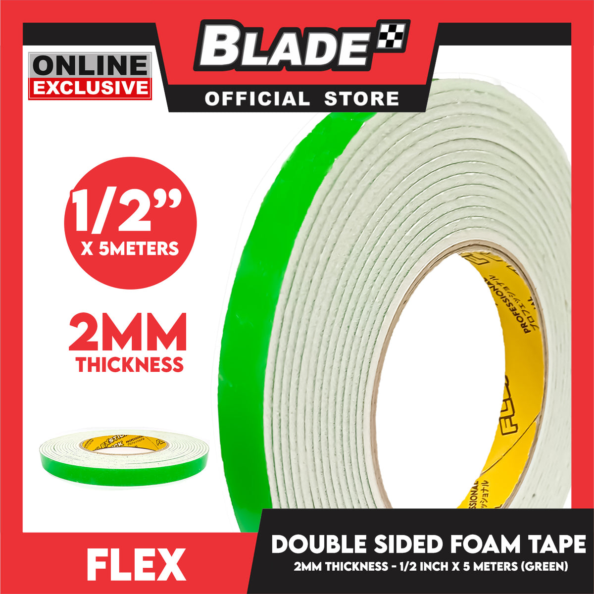Flex Double Sided Foam Tape 3'' 2mm Thickness 1/2 inch x 5meters (Green)