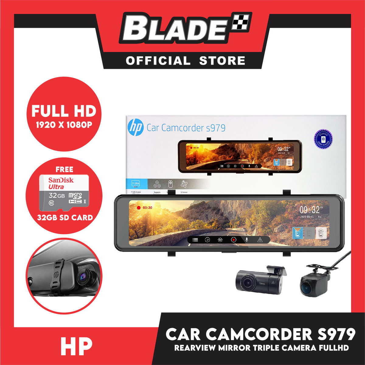 HP Rearview Camcorder s979 Full HD 1080P 11.26 '' Full Screen Touch Panel with 32gb Micro Sd Card