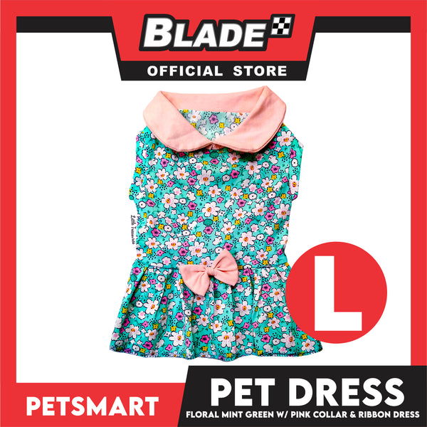 Pet Dress Floral Mint Green with Pink Collar and Ribbon Perfect Fit for Dogs and Cats (Large)