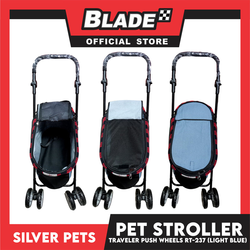 Silver Pet Foldable 4-Wheeled Travel Stroller For Dog And Cat Accessories (Light Blue) RT-237
