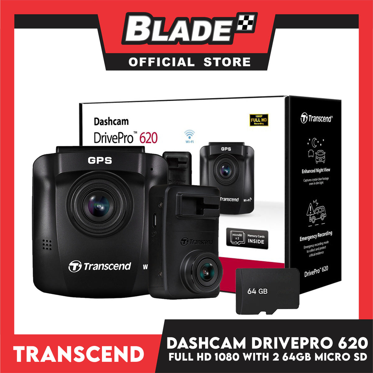 Transcend Dash Camera DrivePro 620 Car Video Recorder 64gb (With Free 64gb Memory Card)