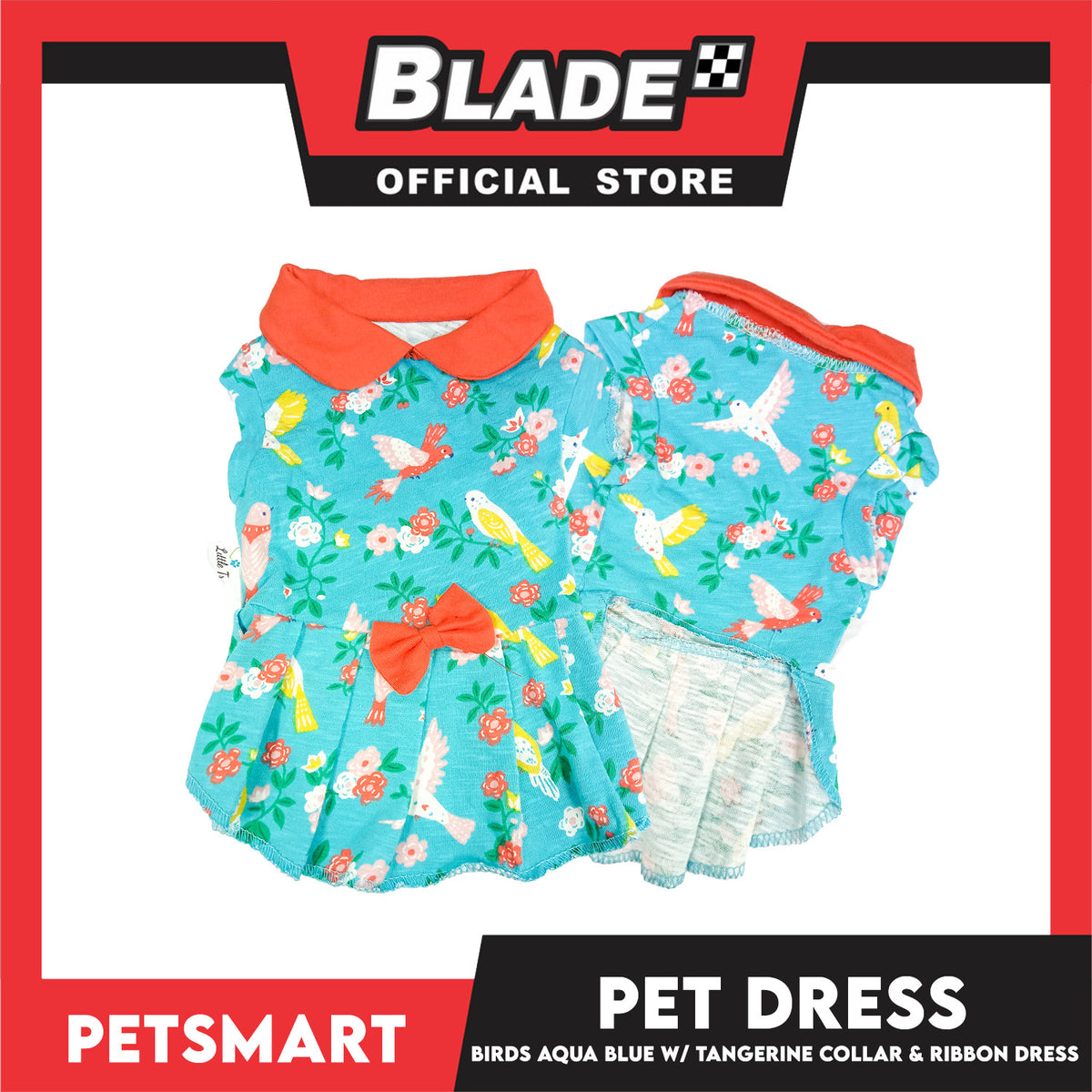 Pet Dress Birds Aqua Blue with Tangerine Collar and Ribbon (Small) DG-CTN179S
