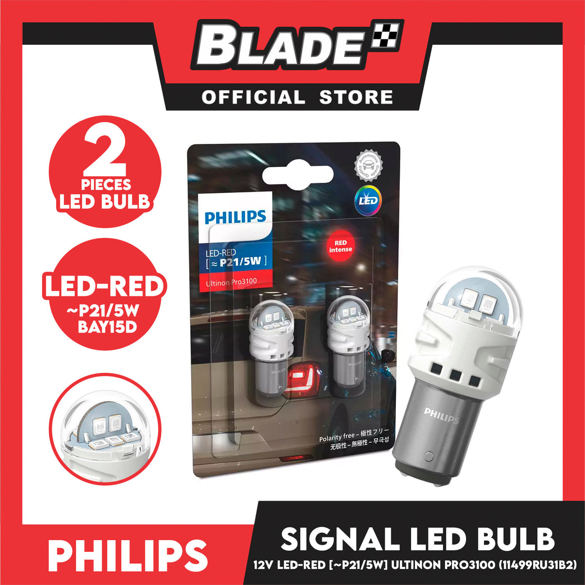 Philips SL Led-Red P21-5W Ultinon Pro 3100 LUM11499RU31B2 (Red Intense) Car Signal Led Bulb