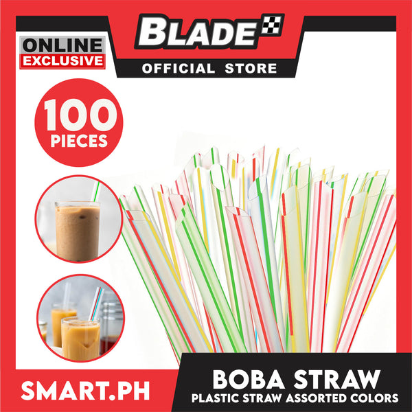 100pcs 21cm Boba Bubble Tea Plastic Straw, Smoothie Straw, Milk Tea Milkshake Straw (Assorted Colors with Stripe)